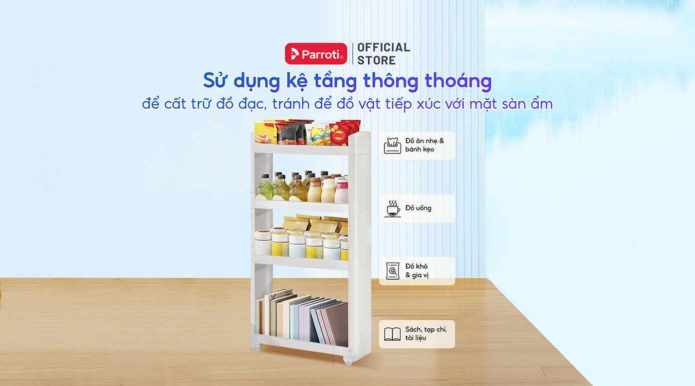 Sử dụng kệ tầng thông thoáng để cất trữ đồ đạc, tránh để đồ vật tiếp xúc với mặt sàn ẩm