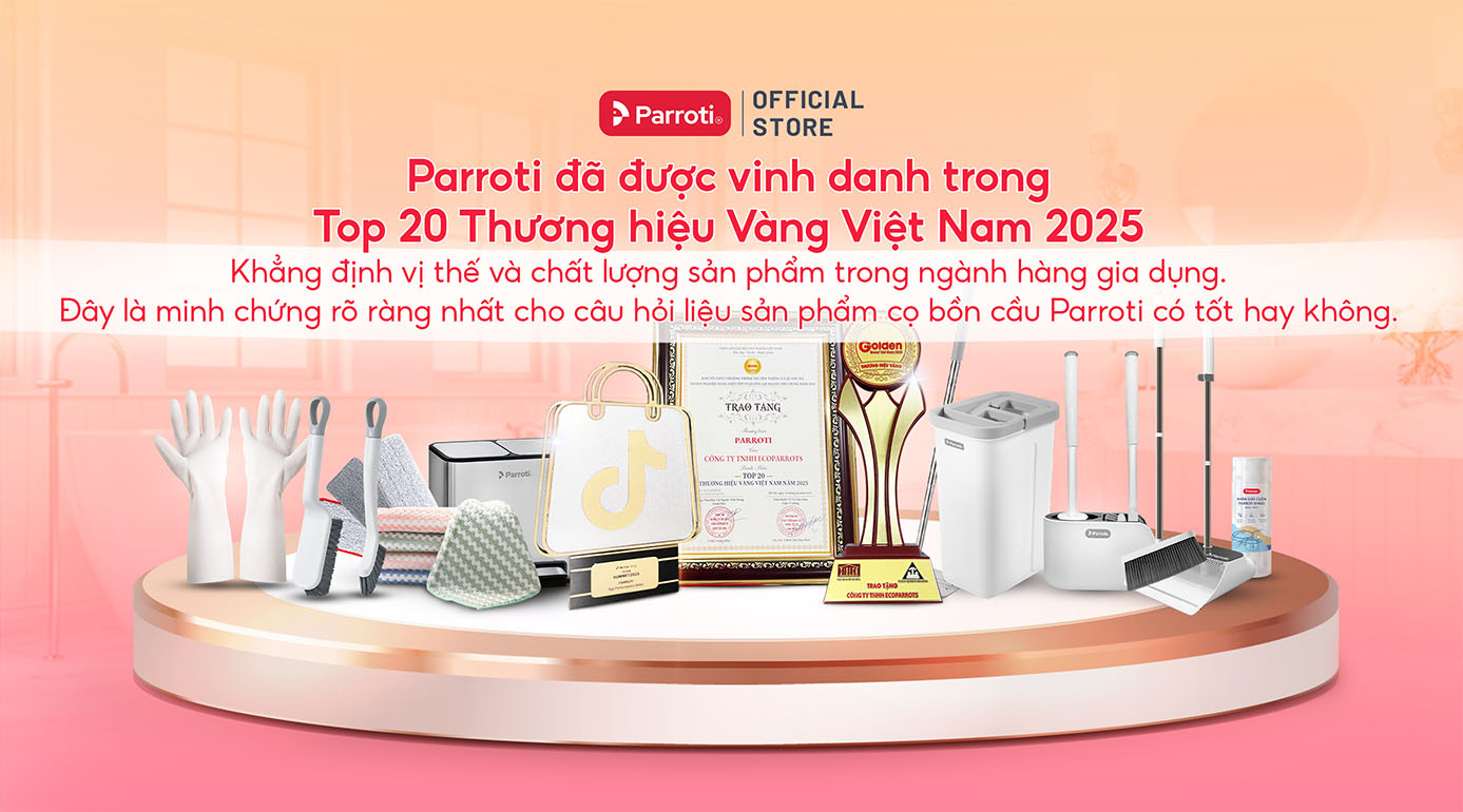 Parroti đã được vinh danh trong Top 20 Thương hiệu Vàng Việt Nam 2025, khẳng định vị thế và chất lượng sản phẩm trong ngành hàng gia dụng. Đây là minh chứng rõ ràng nhất cho câu hỏi liệu sản phẩm cọ bồn cầu Parroti có tốt hay không