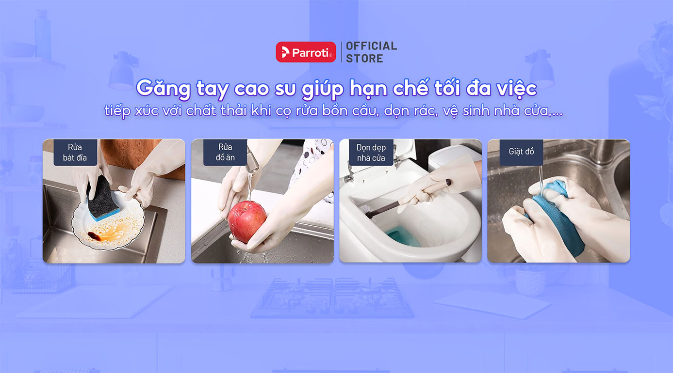 Găng tay cao su giúp hạn chế tối đa việc tiếp xúc với chất thải khi cọ rửa bồn cầu, dọn rác, vệ sinh nhà cửa,..