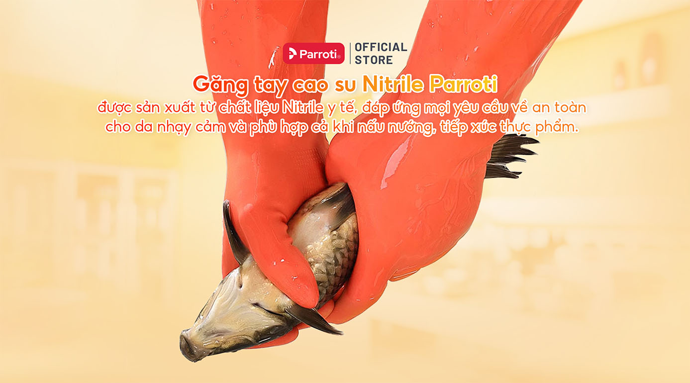 Găng tay cao su Nitrile Parroti được sản xuất từ chất liệu Nitrile y tế, đáp ứng mọi yêu cầu về an toàn cho da nhạy cảm và phù hợp cả khi nấu nướng, tiếp xúc thực phẩm.