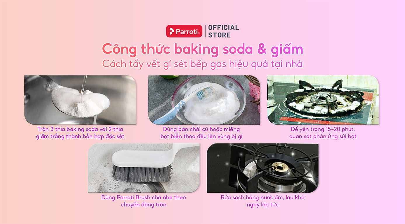 Công thức baking soda & giấm - Cách tẩy vết gỉ sét bếp gas hiệu quả tại nhà