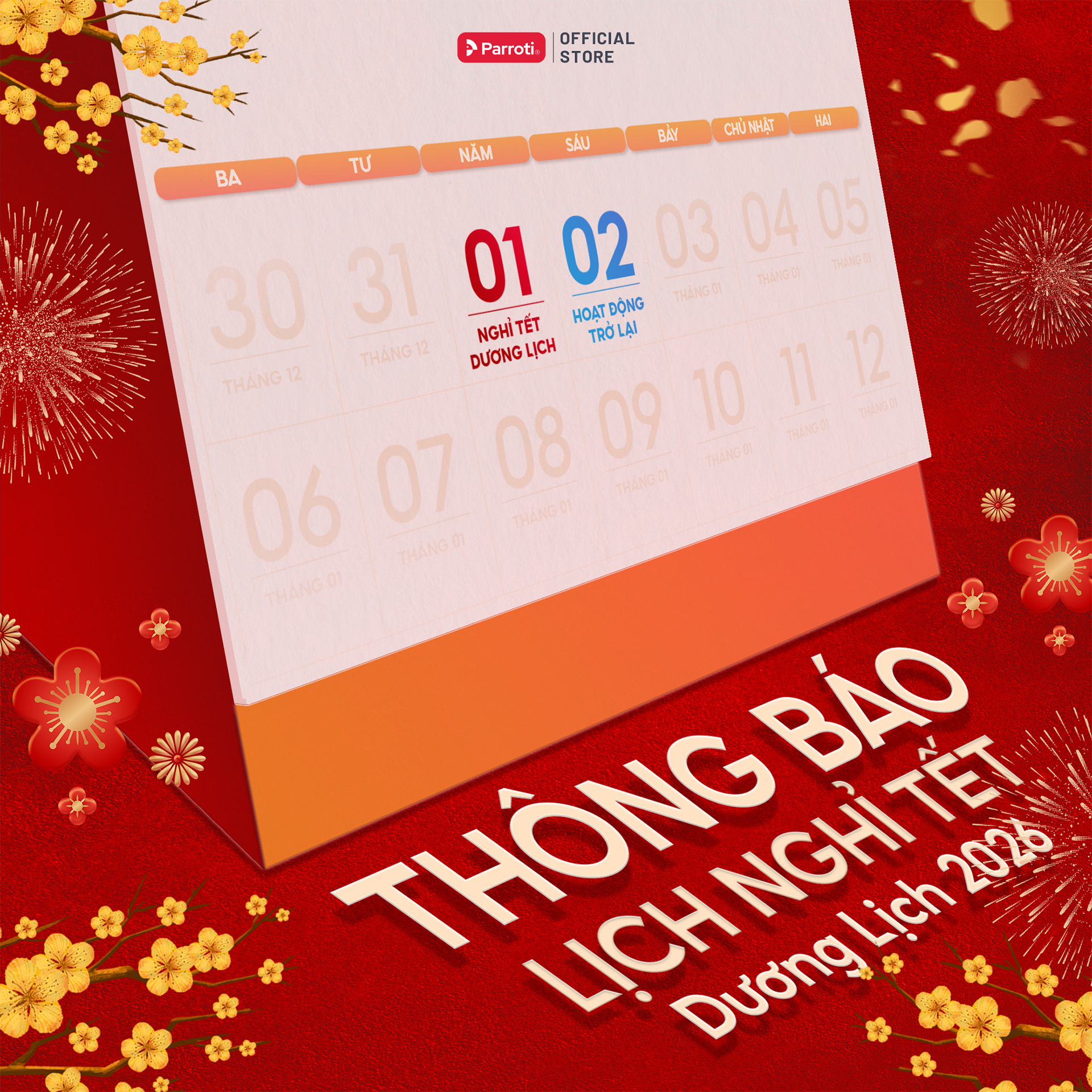 Lịch nghỉ Tết Dương Lịch 2026 Parroti