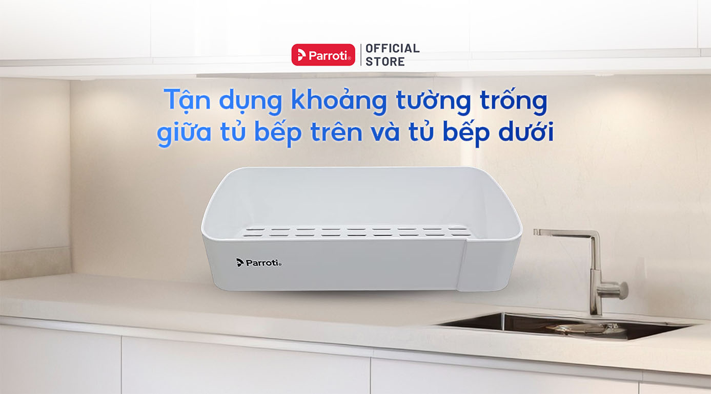 Tận dụng khoảng tường trống, sử dụng kệ dán để trang trí bếp không khoan tường