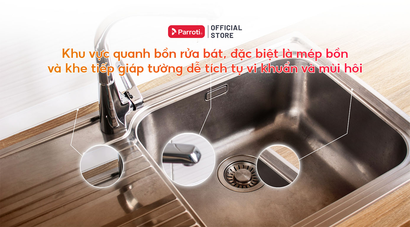 Khu vực bồn rửa bát tích tụ nhiều vi khuẩn và mùi hôi do thức ăn thừa