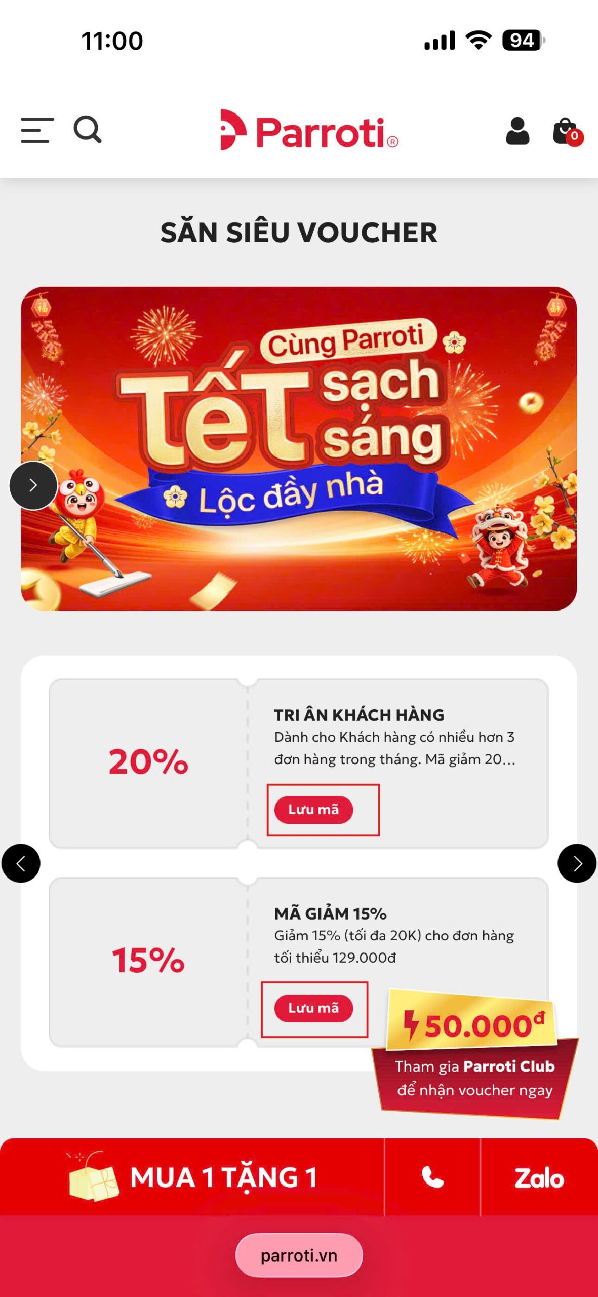Parroti khuyến mãi Tết 2026 - Voucher giảm giá